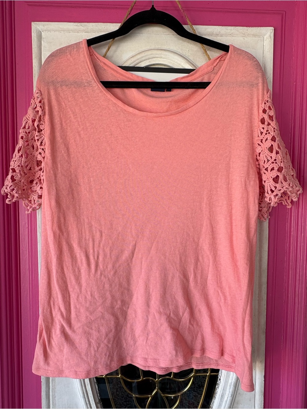 Kaari Blue Crochet Sleeve Tee in Coral Pink